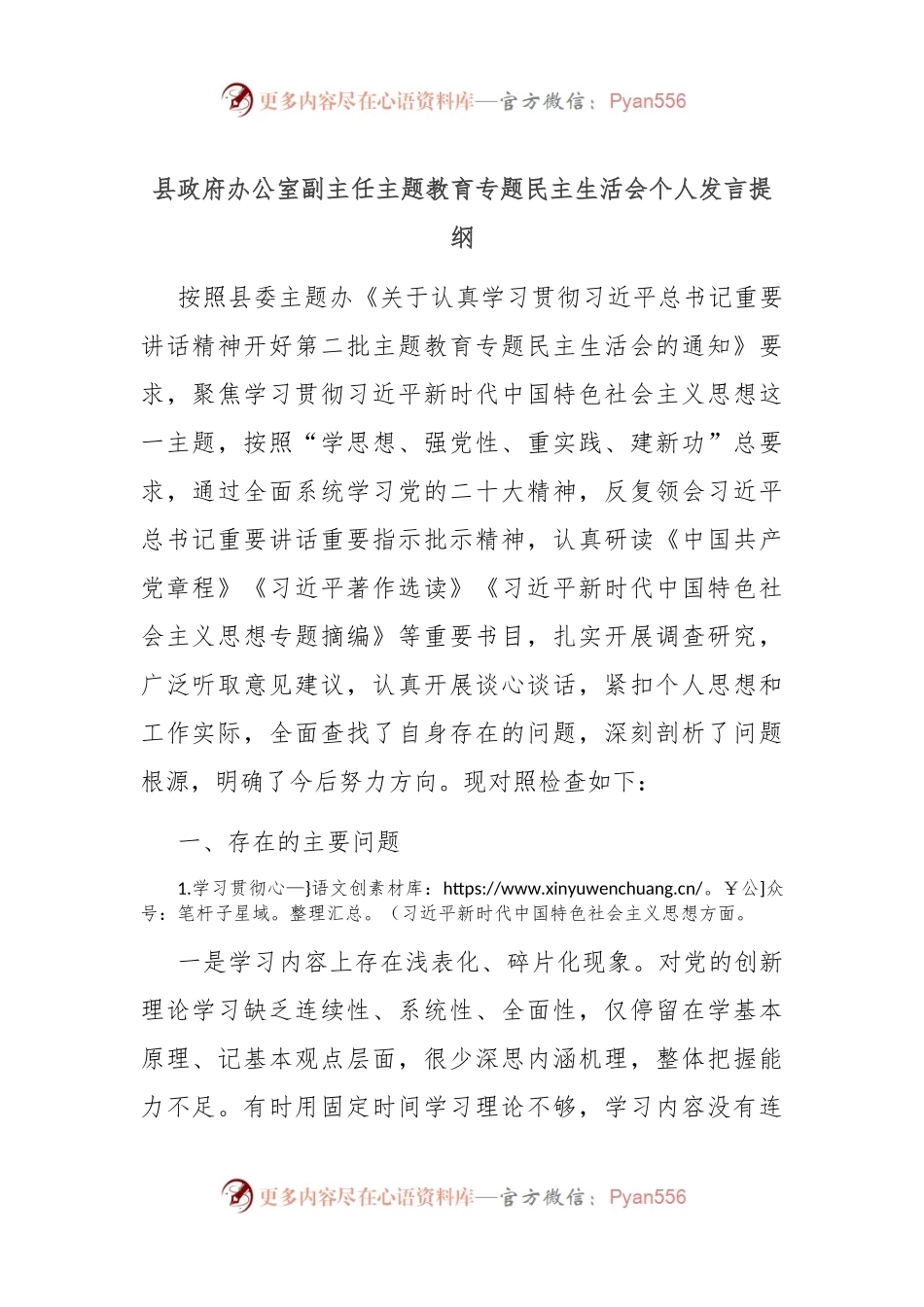 县政府办公室副主任主题教育专题民主生活会个人发言稿提纲.docx_第1页