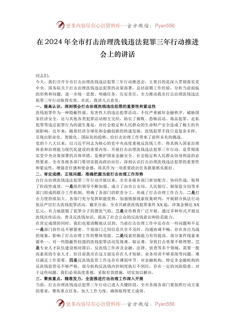 在2024年全市打击治理洗钱违法犯罪三年行动推进会上的讲话.docx_第1页