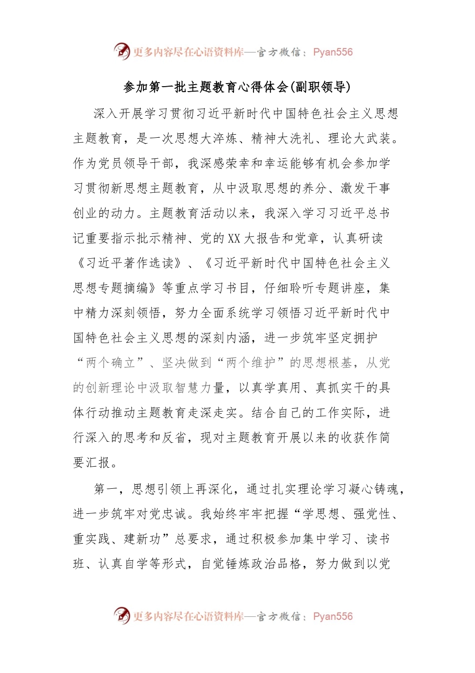 参加第一批主题教育心得体会(副职领导).docx_第1页
