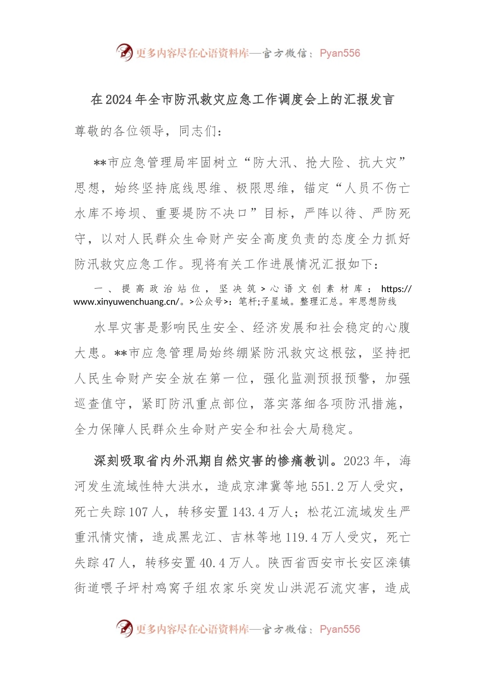 在2024年全市防汛救灾应急工作调度会上的汇报发言.docx_第1页