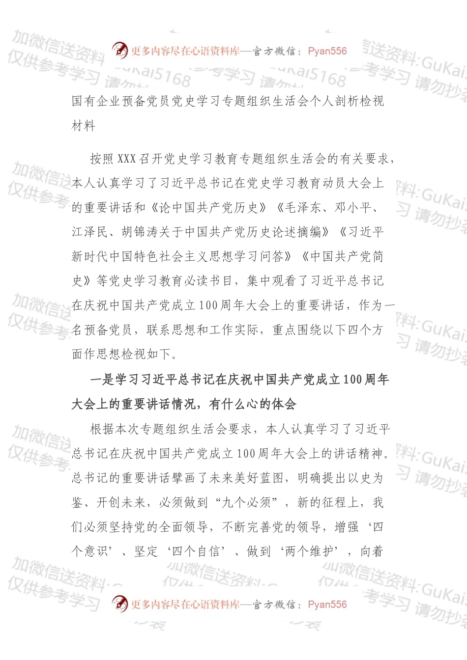 国有企业预备党员党史学习专题组织生活会个人剖析检视材料.docx_第1页