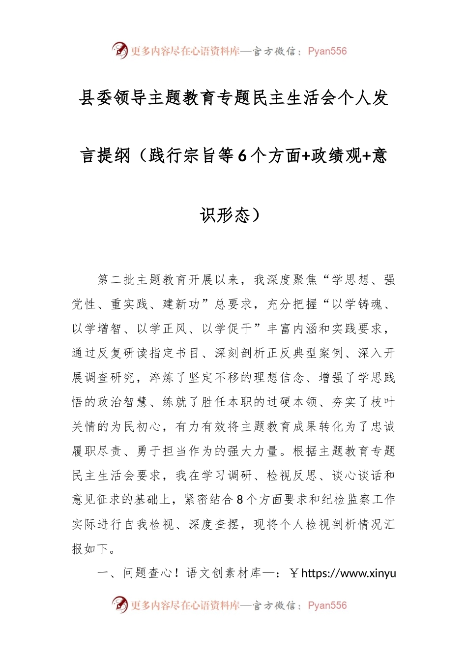 县委领导主题教育专题民主生活会个人发言稿提纲（践行宗旨等6个方面+政绩观+意识形态）.docx_第1页