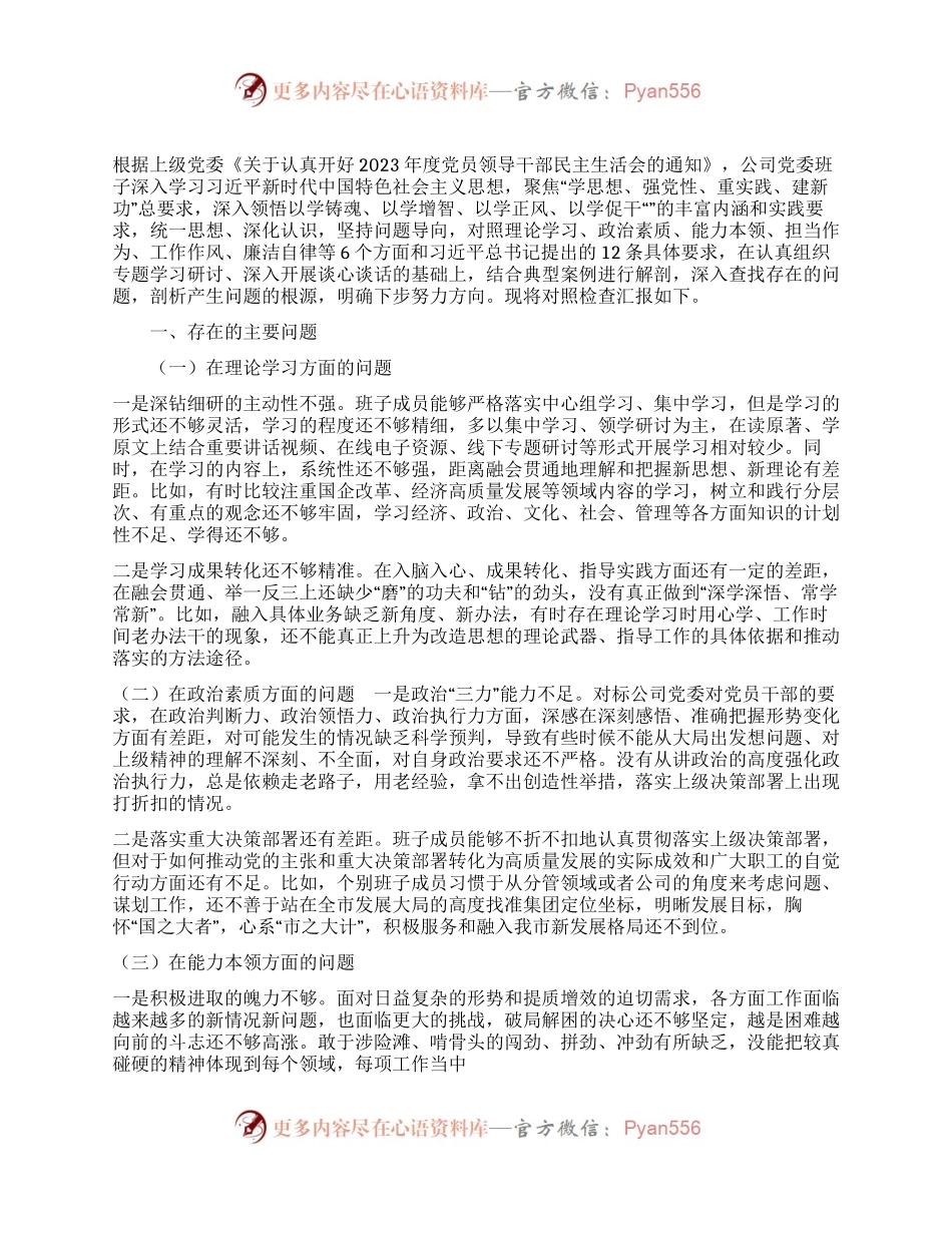 国企党委2023年主题教育专题民主生活会领导班子对照检查材料.docx_第1页