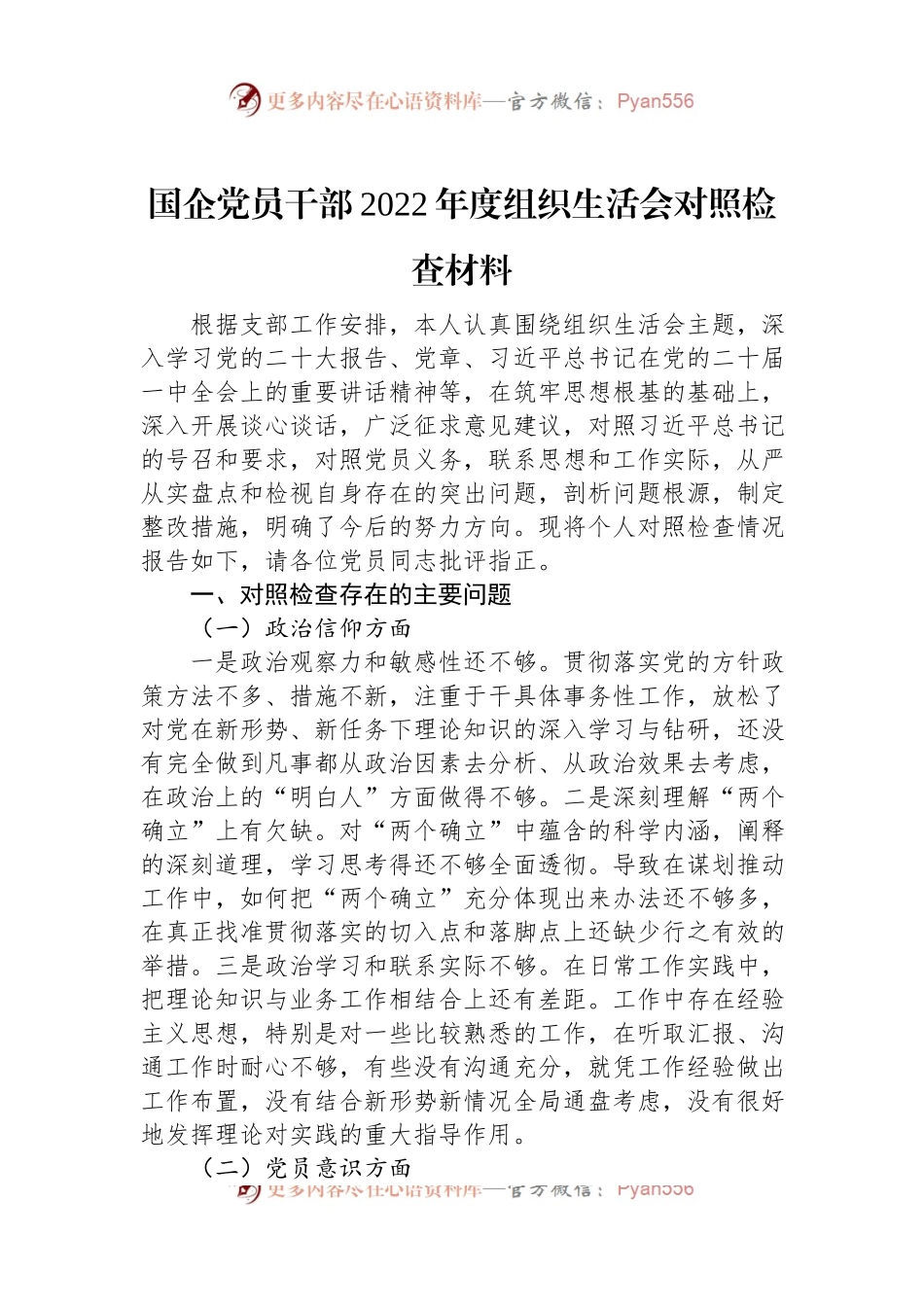 国企党员干部2022年度组织生活会对照检查材料.docx_第1页
