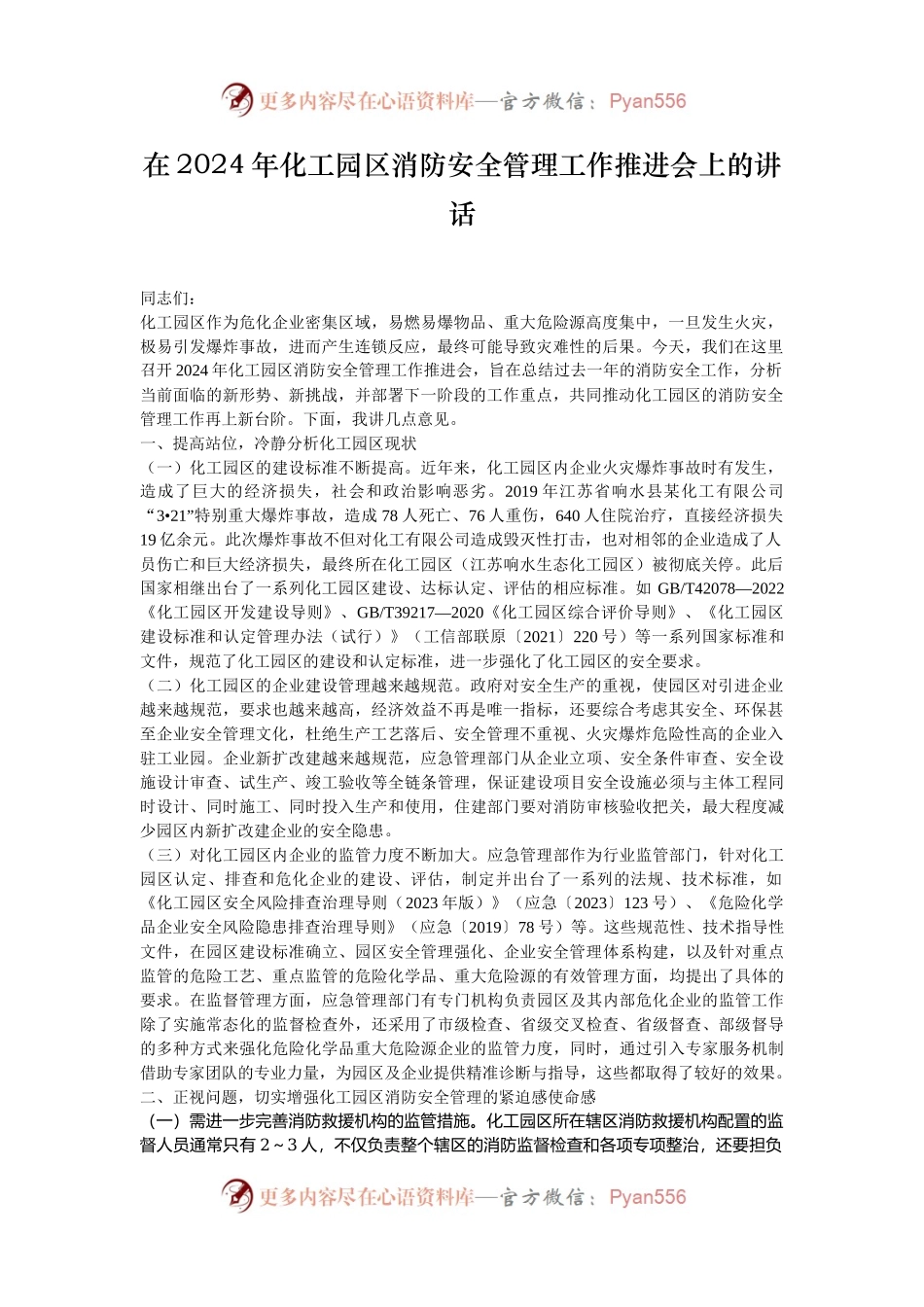 在2024年化工园区消防安全管理工作推进会上的讲话.docx_第1页