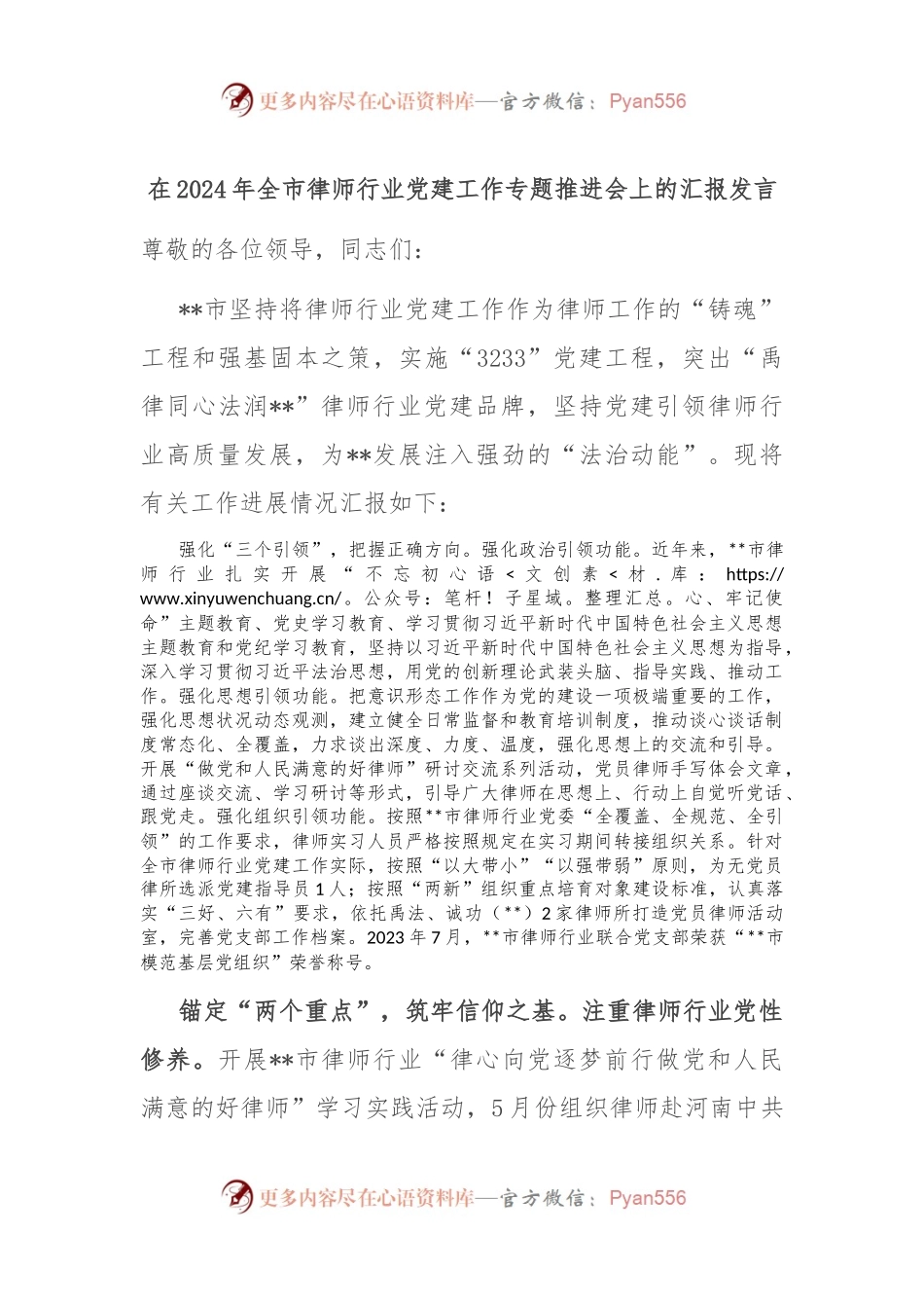 在2024年全市律师行业党建工作专题推进会上的汇报发言.docx_第1页