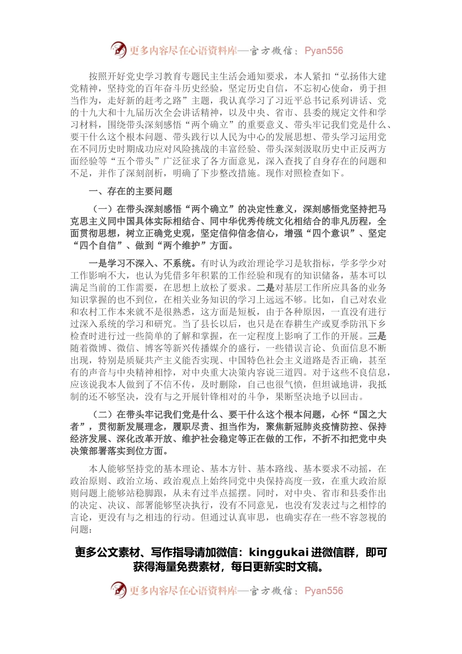县长党史学习教育专题民主生活会“五个带头”对照检查材料.docx_第1页