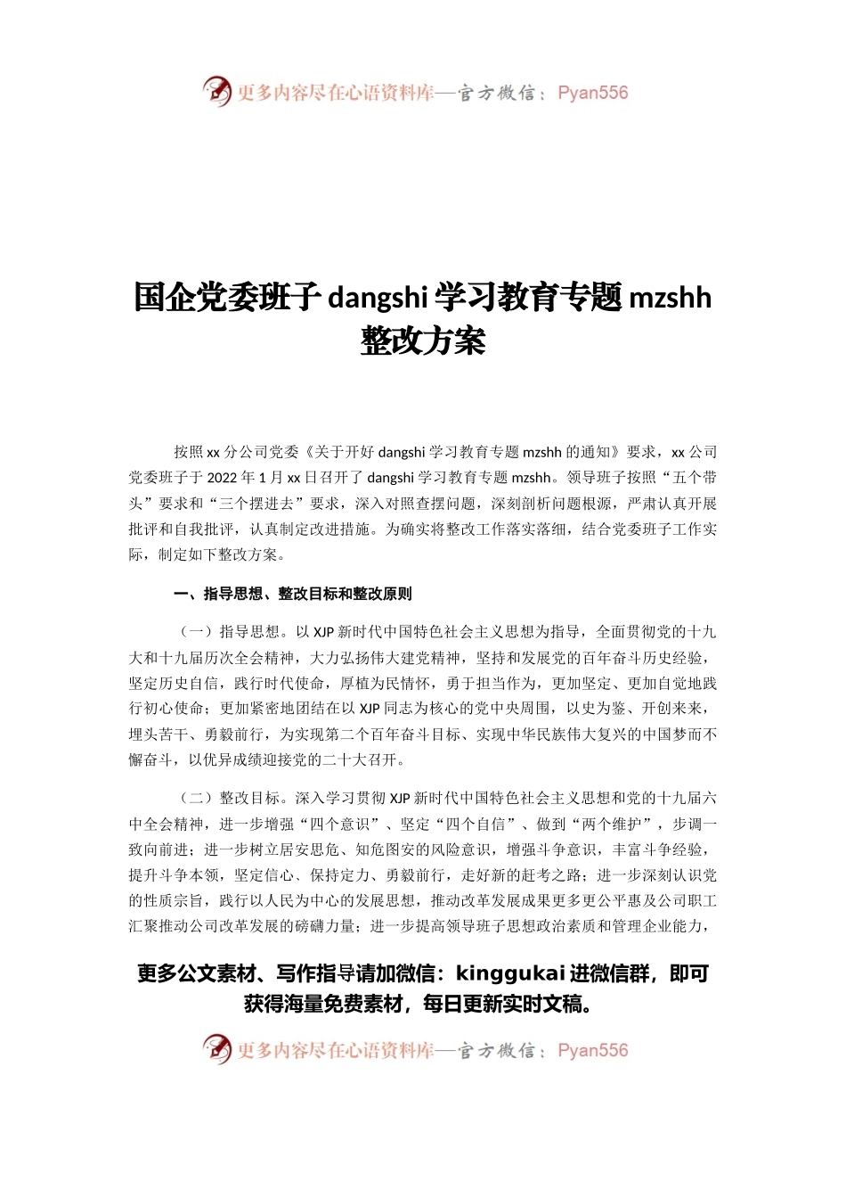 国企党委班子党史学习教育专题民主生活会整改方案.docx_第1页