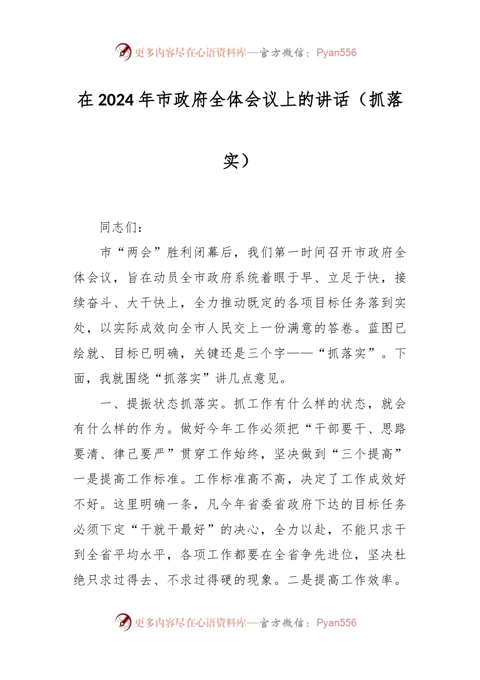 在2024年市政府全体会议上的讲话（抓落实）.docx_第1页