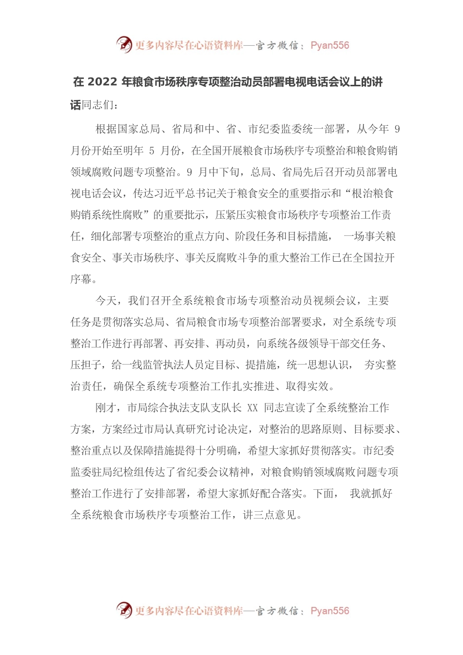 在2022年粮食市场秩序专项整治动员部署电视电话会议上的讲话.docx_第1页
