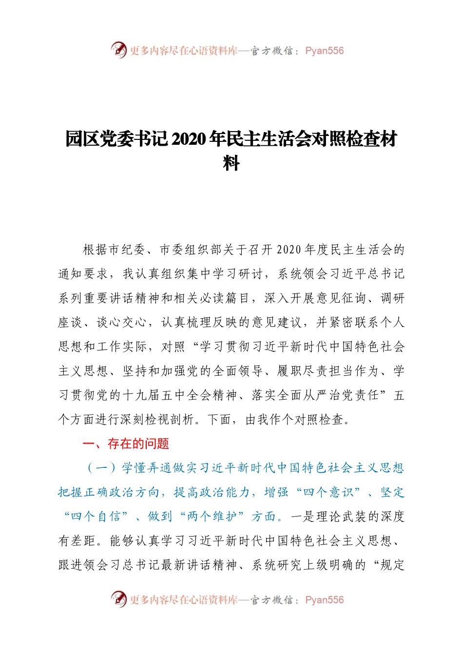 园区党委书记2020年民主生活会对照检查材料.docx_第1页