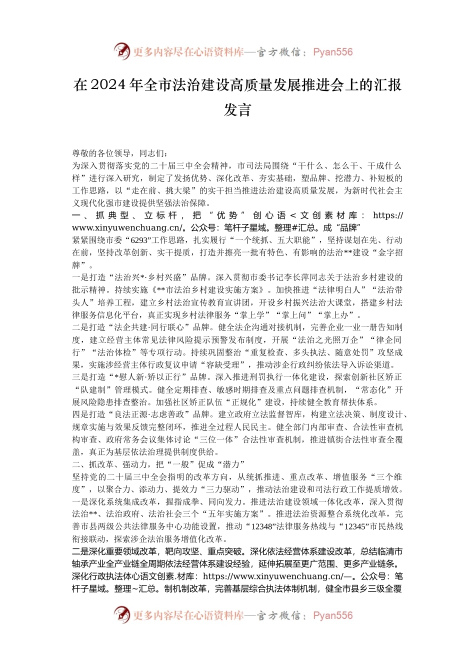 在2024年全市法治建设高质量发展推进会上的汇报发言.docx_第1页