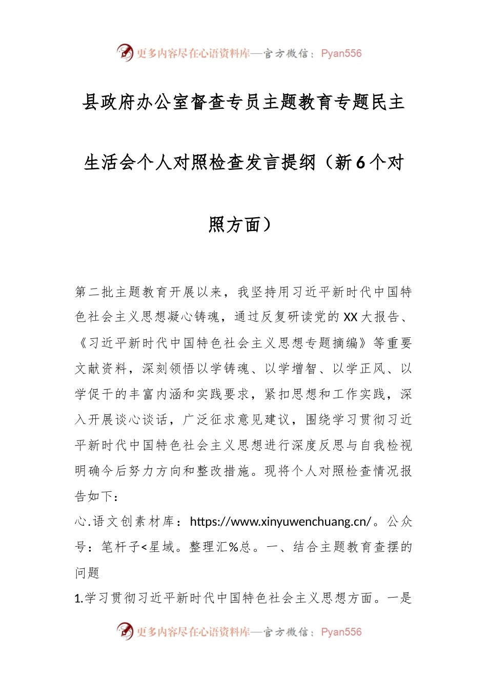 县政府办公室督查专员主题教育专题民主生活会个人对照检查发言稿提纲（新6个对照方面）.docx_第1页