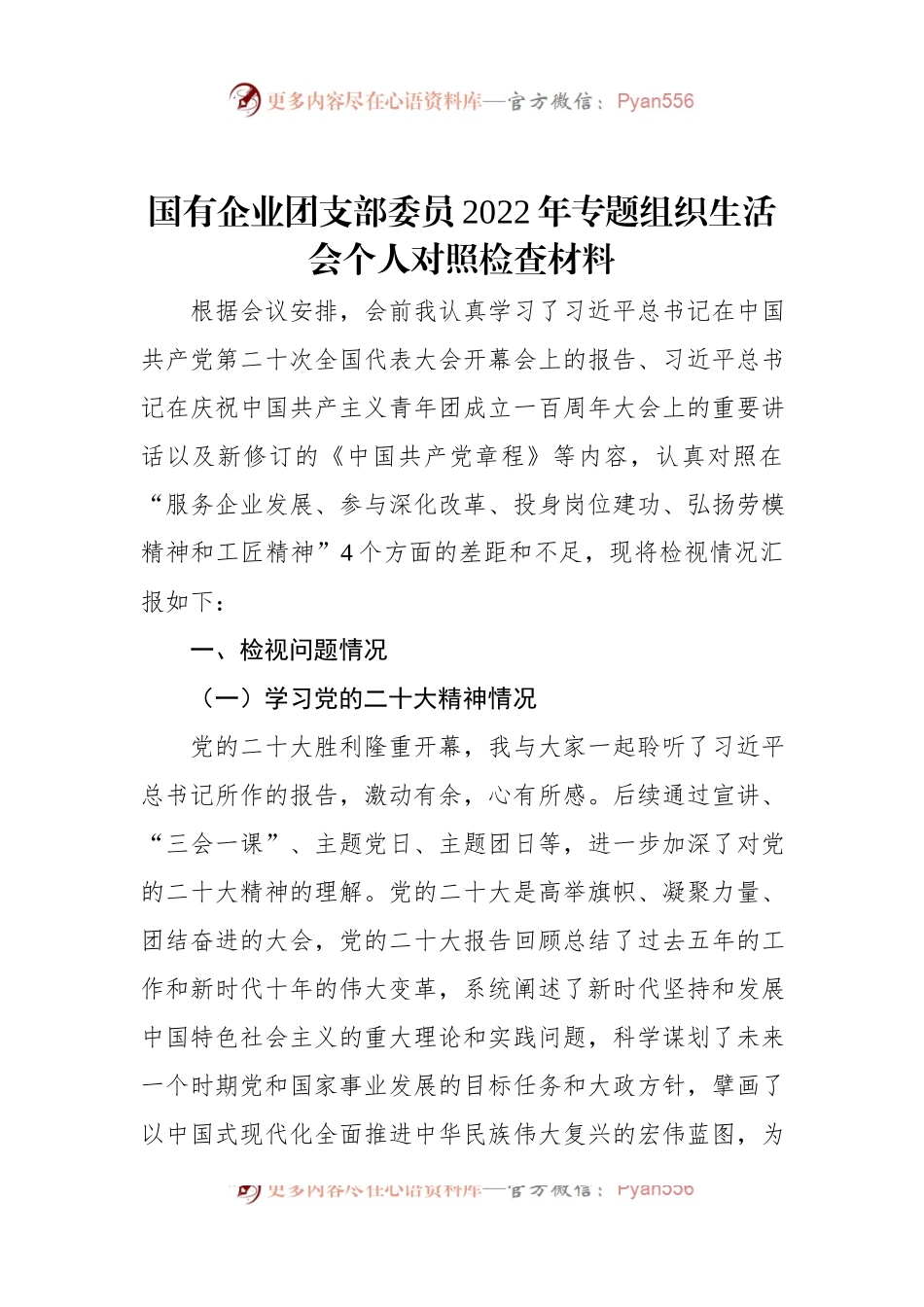国有企业团支部委员2022年专题组织生活会个人对照检查材料.docx_第1页
