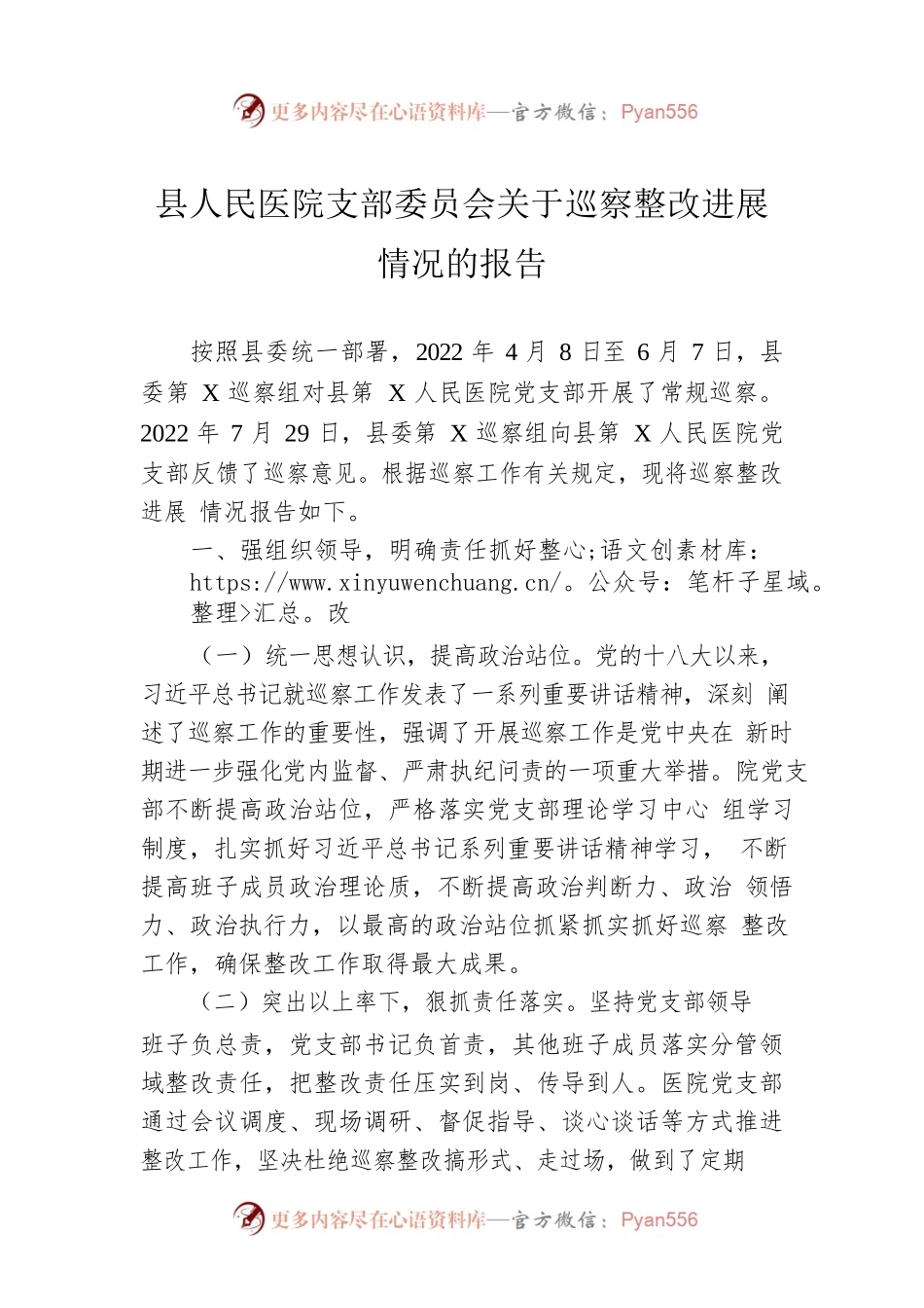 县人民医院支部委员会关于巡察整改进展情况的报告.docx_第1页