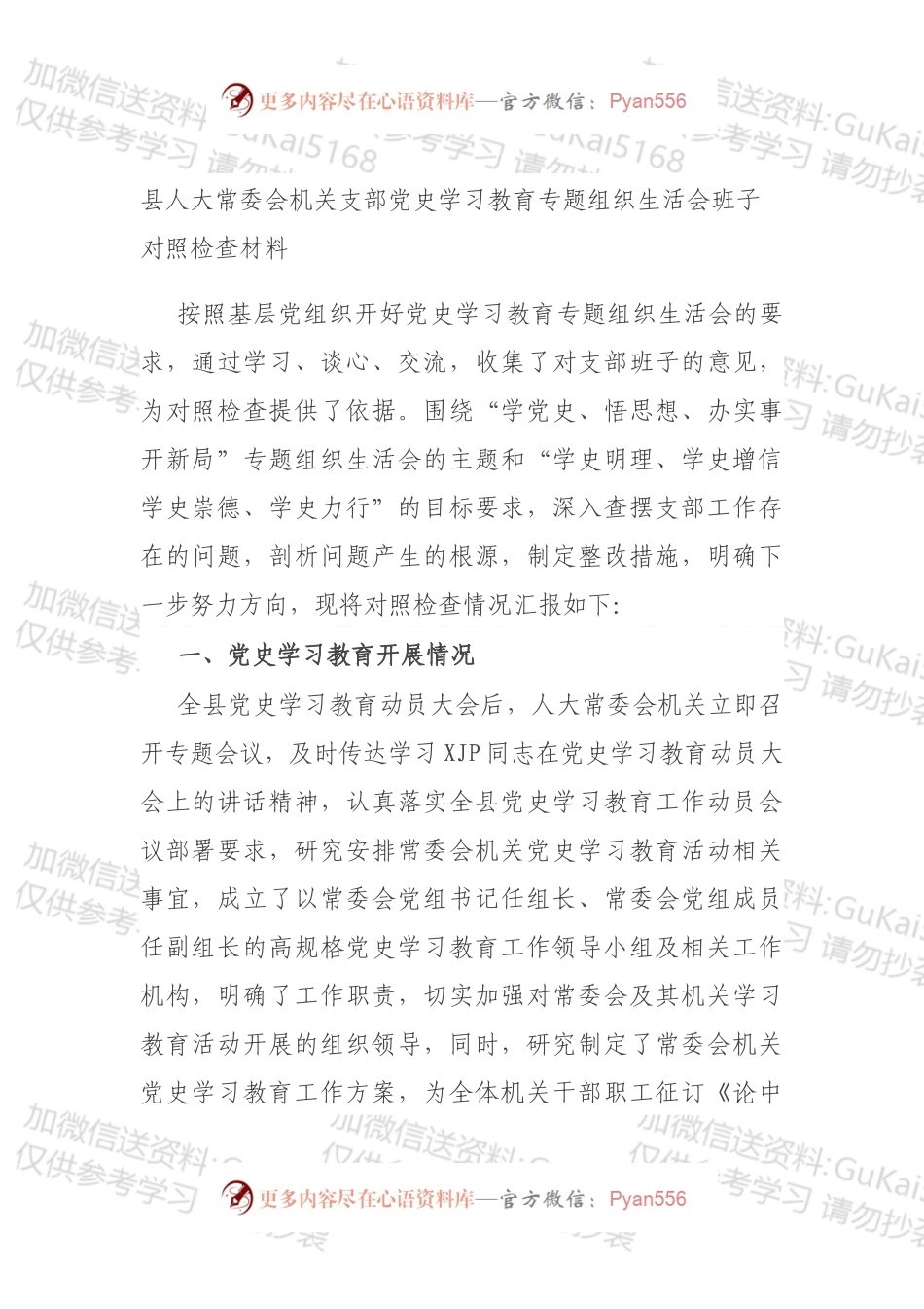 县人大常委会机关支部党史学习教育专题组织生活会班子对照检查材料.docx_第1页