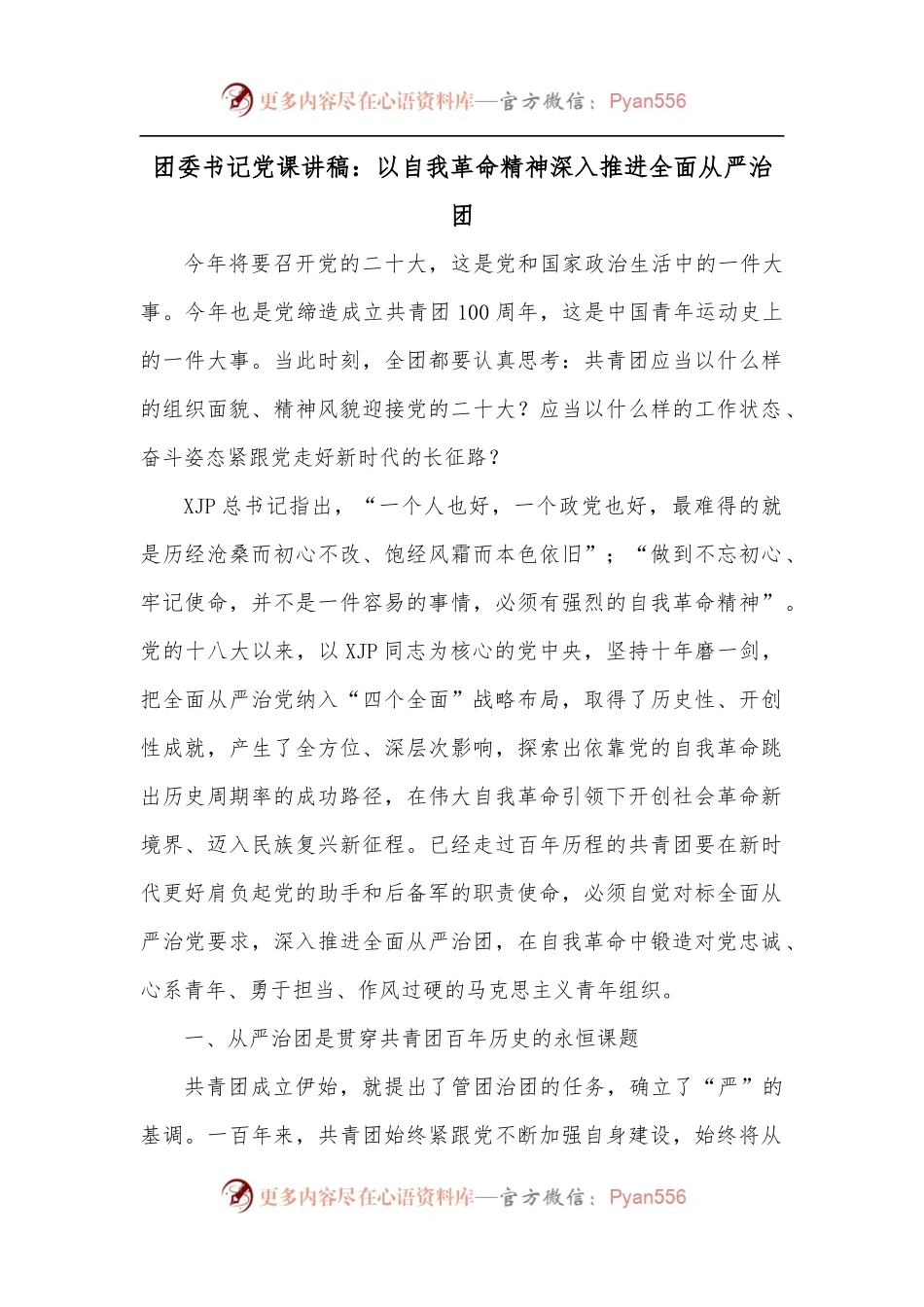 团委书记党课讲稿：以自我革命精神深入推进全面从严治团.docx_第1页