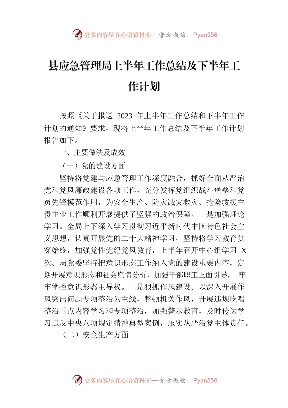 县应急管理局上半年工作总结及下半年工作计划(20230627).docx_第1页