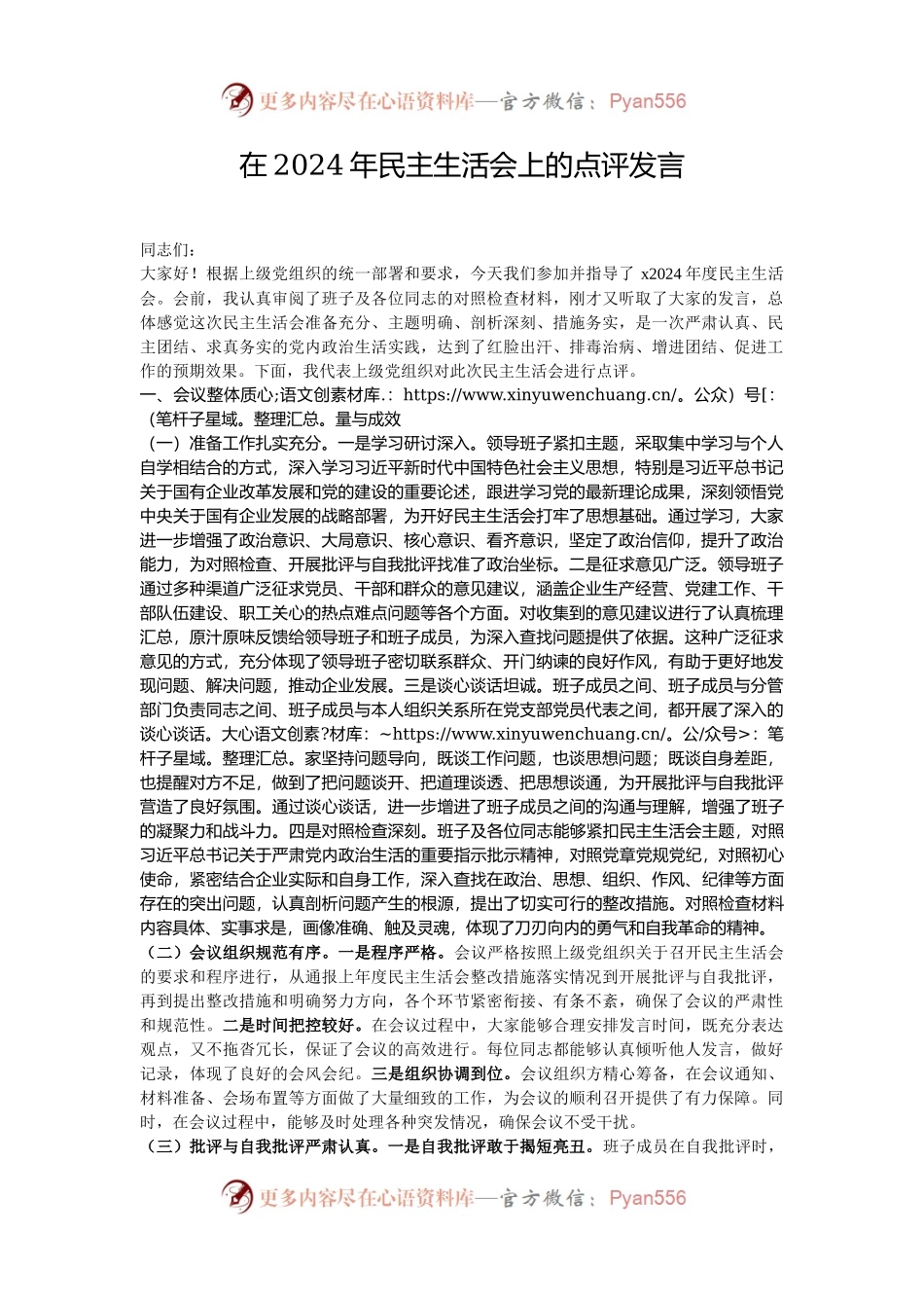 在2024年民主生活会上的点评发言.docx_第1页