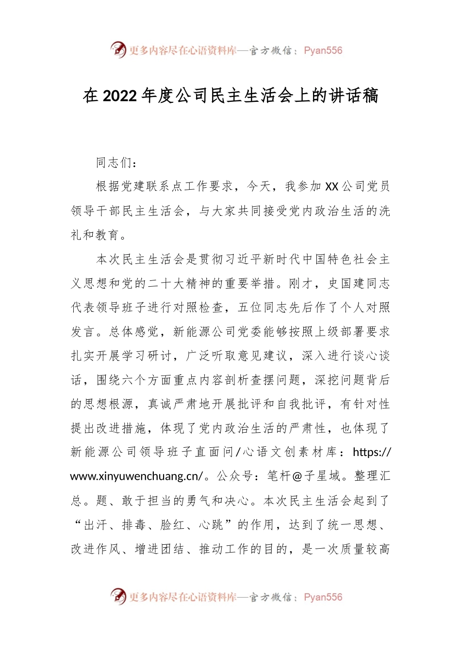 在2022年度公司民主生活会上的讲话稿.docx_第1页