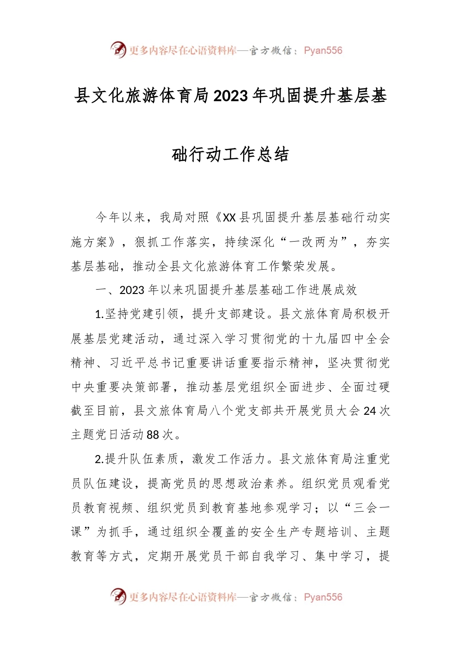 县文化旅游体育局2023年巩固提升基层基础行动工作总结.docx_第1页