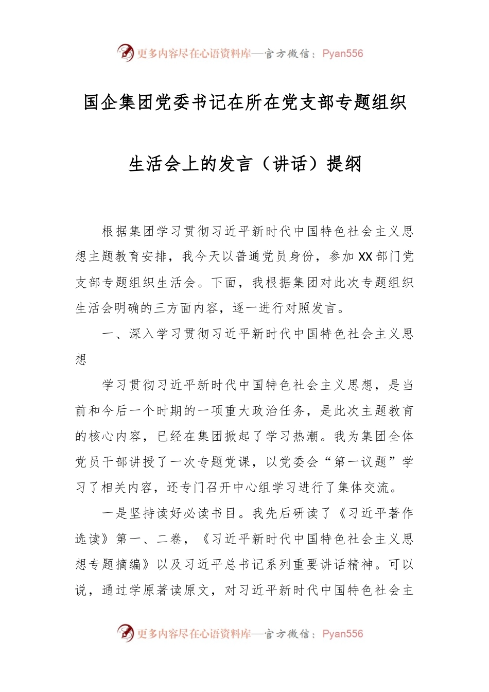 国企集团党委书记在所在党支部专题组织生活会上的发言稿（讲话稿）提纲.docx_第1页