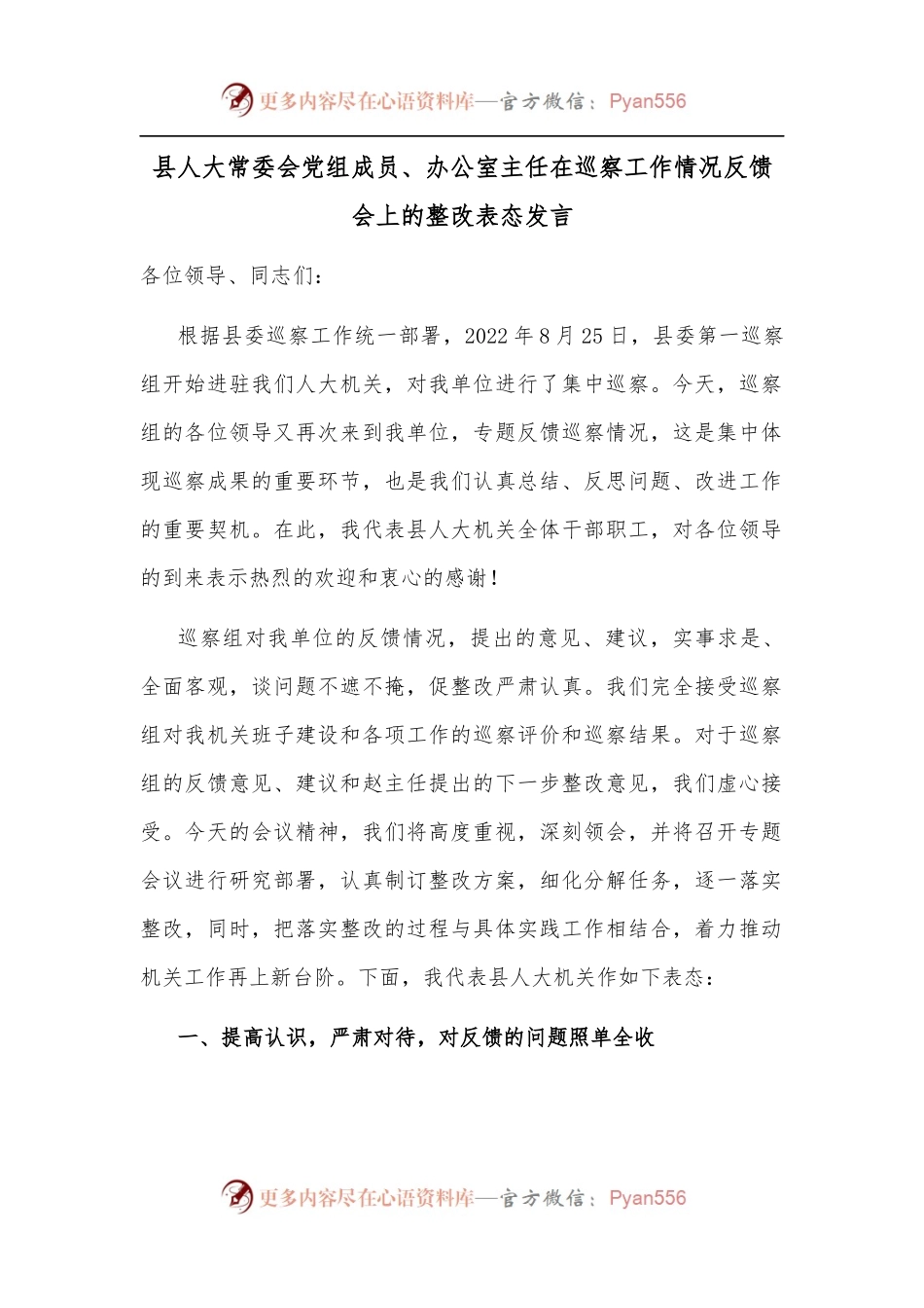 县人大常委会党组成员、办公室主任在巡察工作情况反馈会上的整改表态发言.docx_第1页