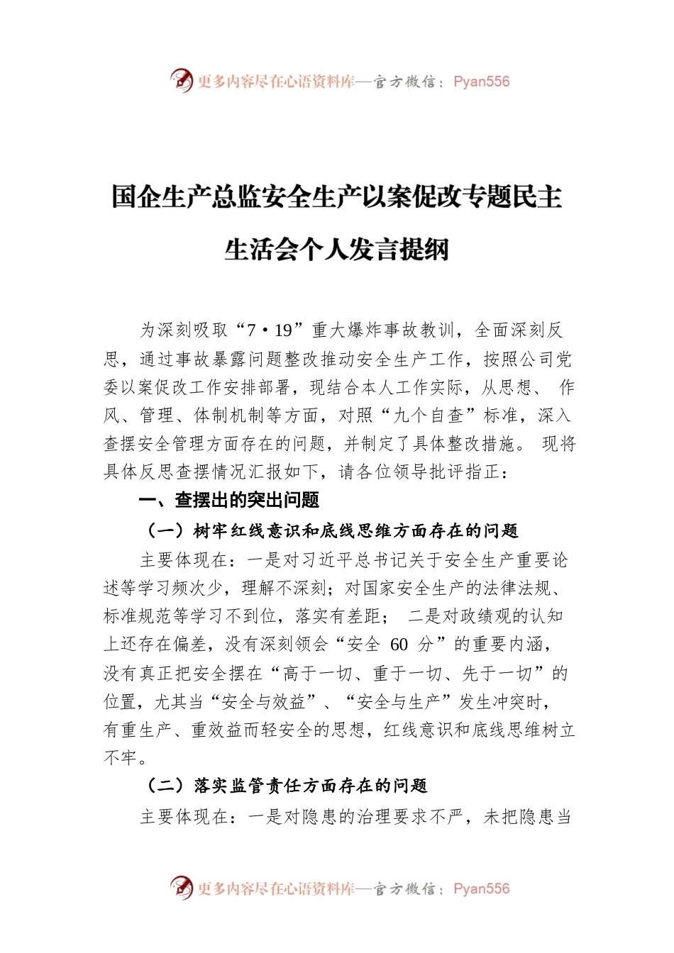 国企生产总监安全生产以案促改专题民主生活会个人发言提纲.docx_第1页