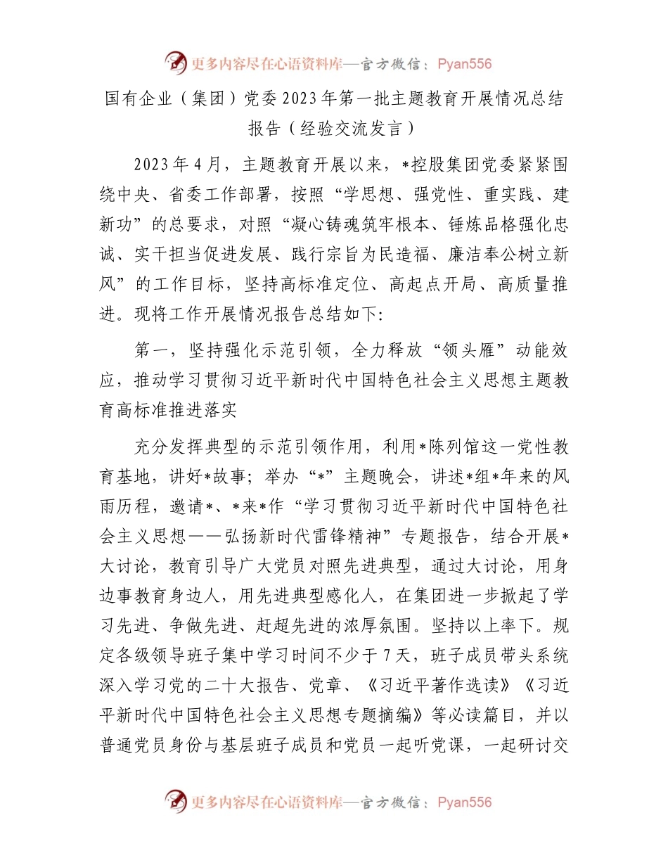 国有企业（集团）党委2023年第一批主题教育开展情况总结报告（经验交流发言）.docx_第1页