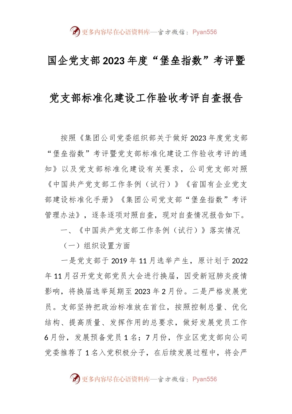 国企党支部2023年度“堡垒指数”考评暨党支部标准化建设工作验收考评自查报告.docx_第1页