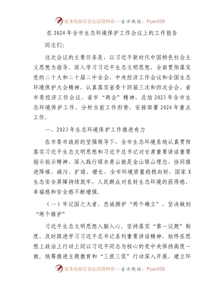 在2024年全市生态环境保护工作会议上的工作报告.docx_第1页
