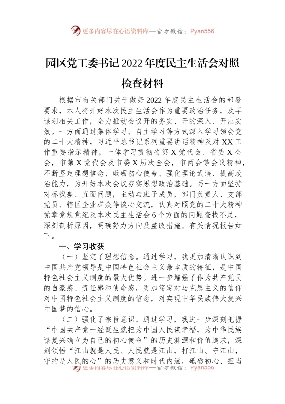 园区党工委书记2022年度民主生活会对照检查材料.docx_第1页