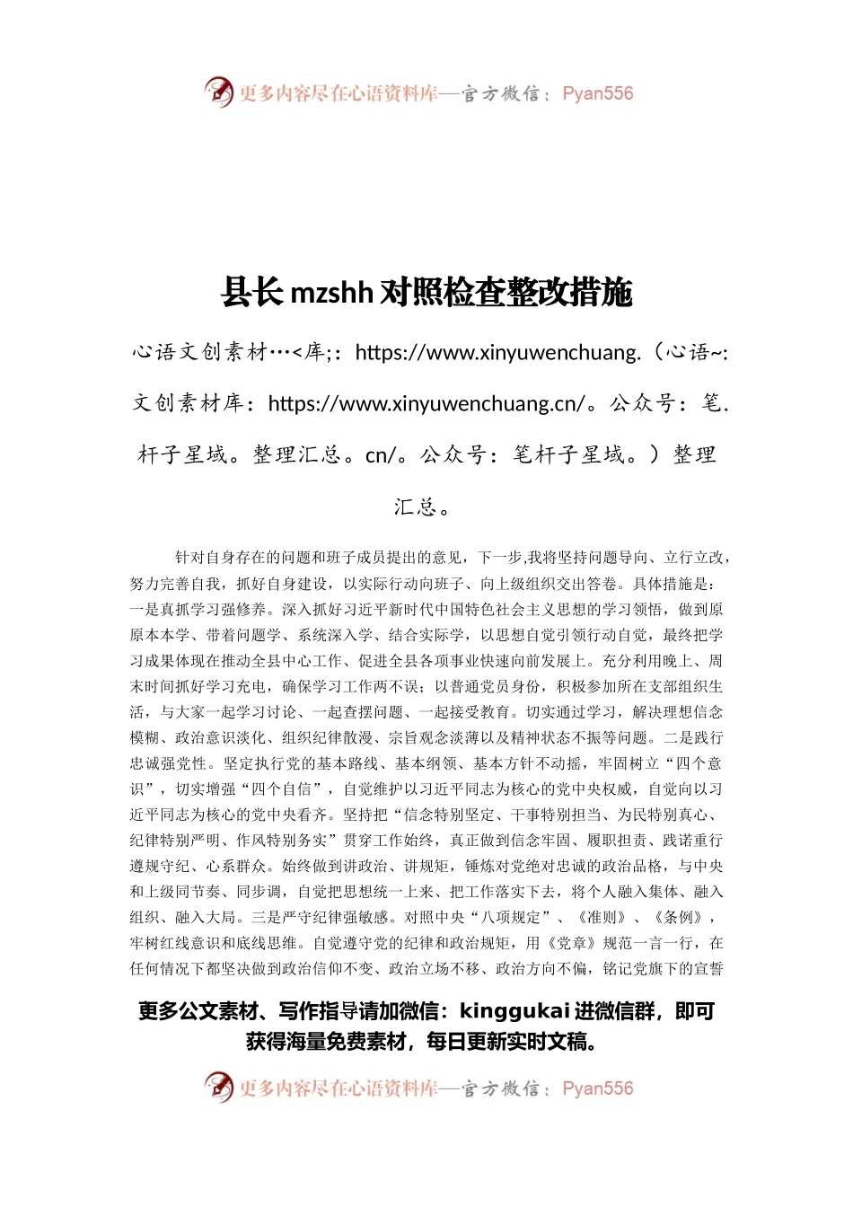 县长民主生活会对照检查整改措施.docx_第1页