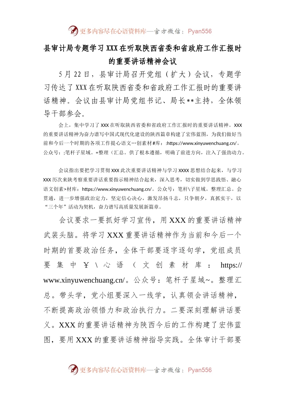 县审计局专题学习在听取陕西省委和省政府工作汇报时的重要讲话精神会议.docx_第1页