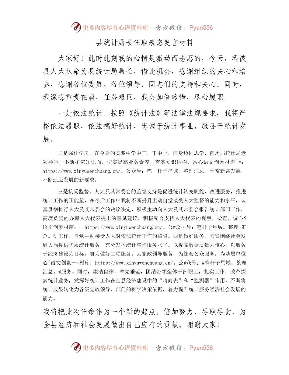 县统计局长任职表态发言材料.docx_第1页