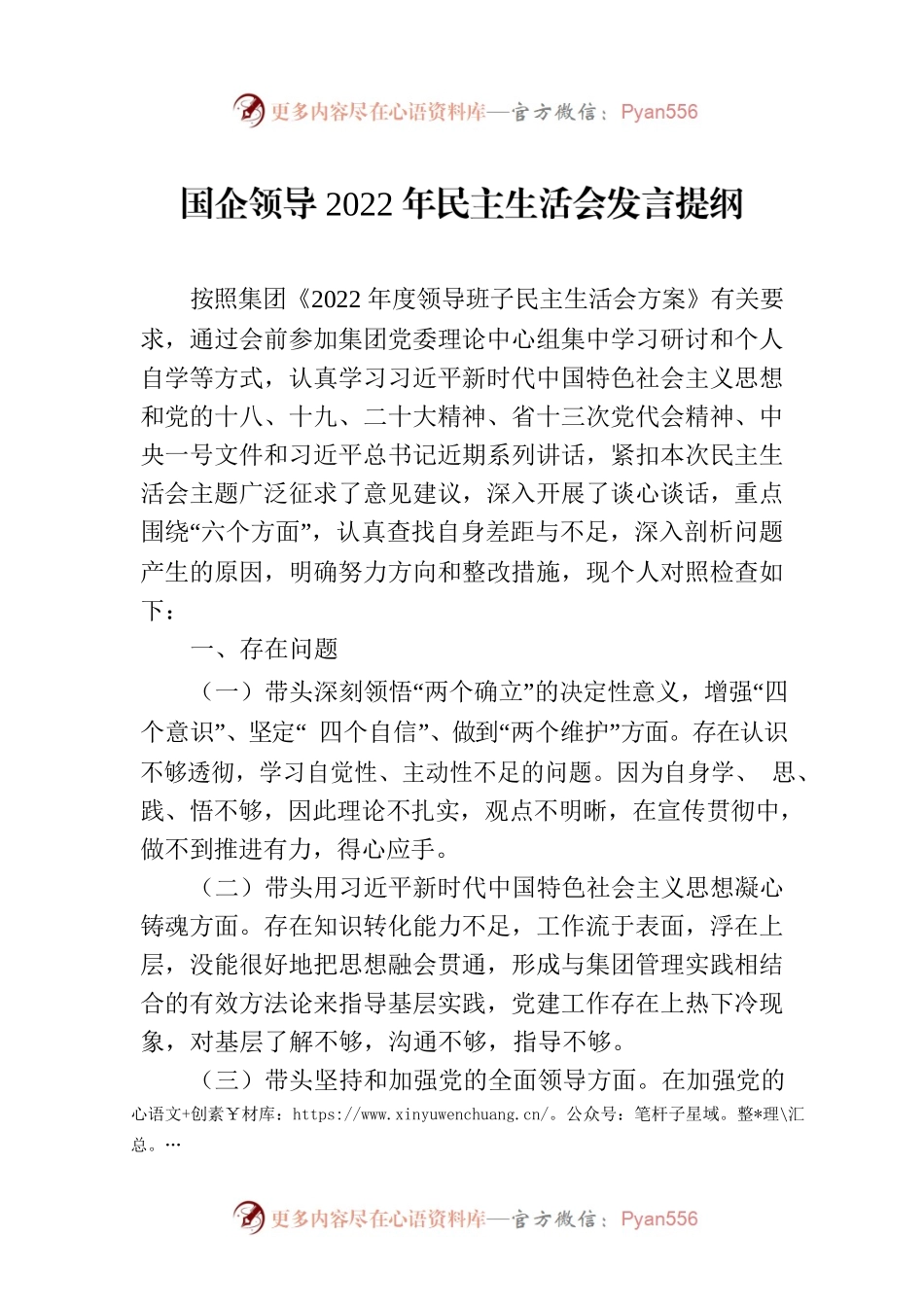 国企领导2022年民主生活会发言提纲.docx_第1页
