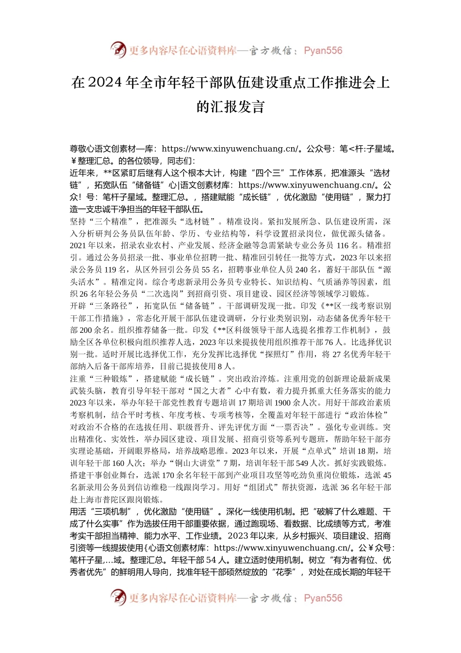 在2024年全市年轻干部队伍建设重点工作推进会上的汇报发言.docx_第1页