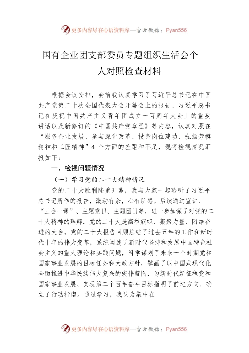 国有企业团支部委员专题组织生活会个人对照检查材料.docx_第1页