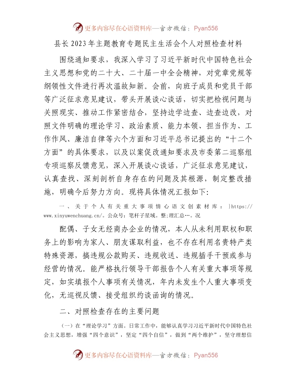 县长2023年主题教育专题民主生活会个人对照检查材料.docx_第1页
