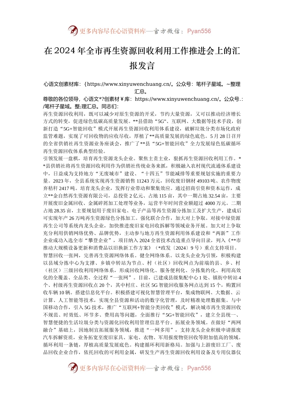 在2024年全市再生资源回收利用工作推进会上的汇报发言.docx_第1页