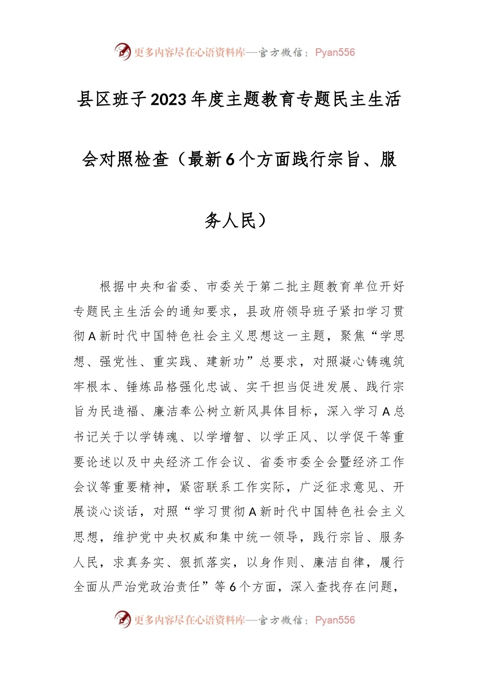县区班子2023年度主题教育专题民主生活会对照检查（最新6个方面践行宗旨、服务人民）.docx_第1页