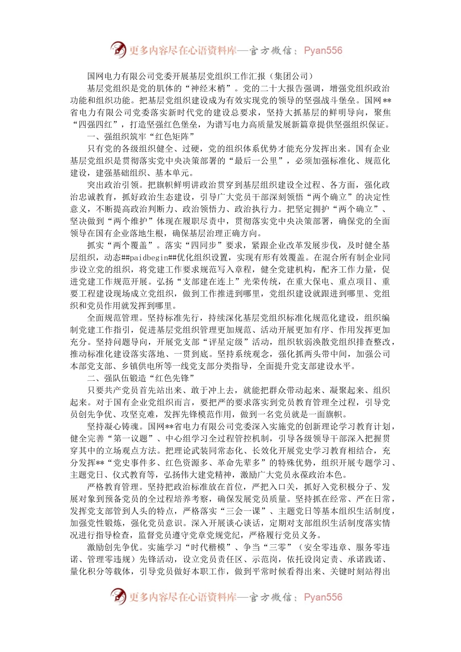 国网电力有限公司党委开展基层党组织工作汇报（集团公司）.docx_第1页