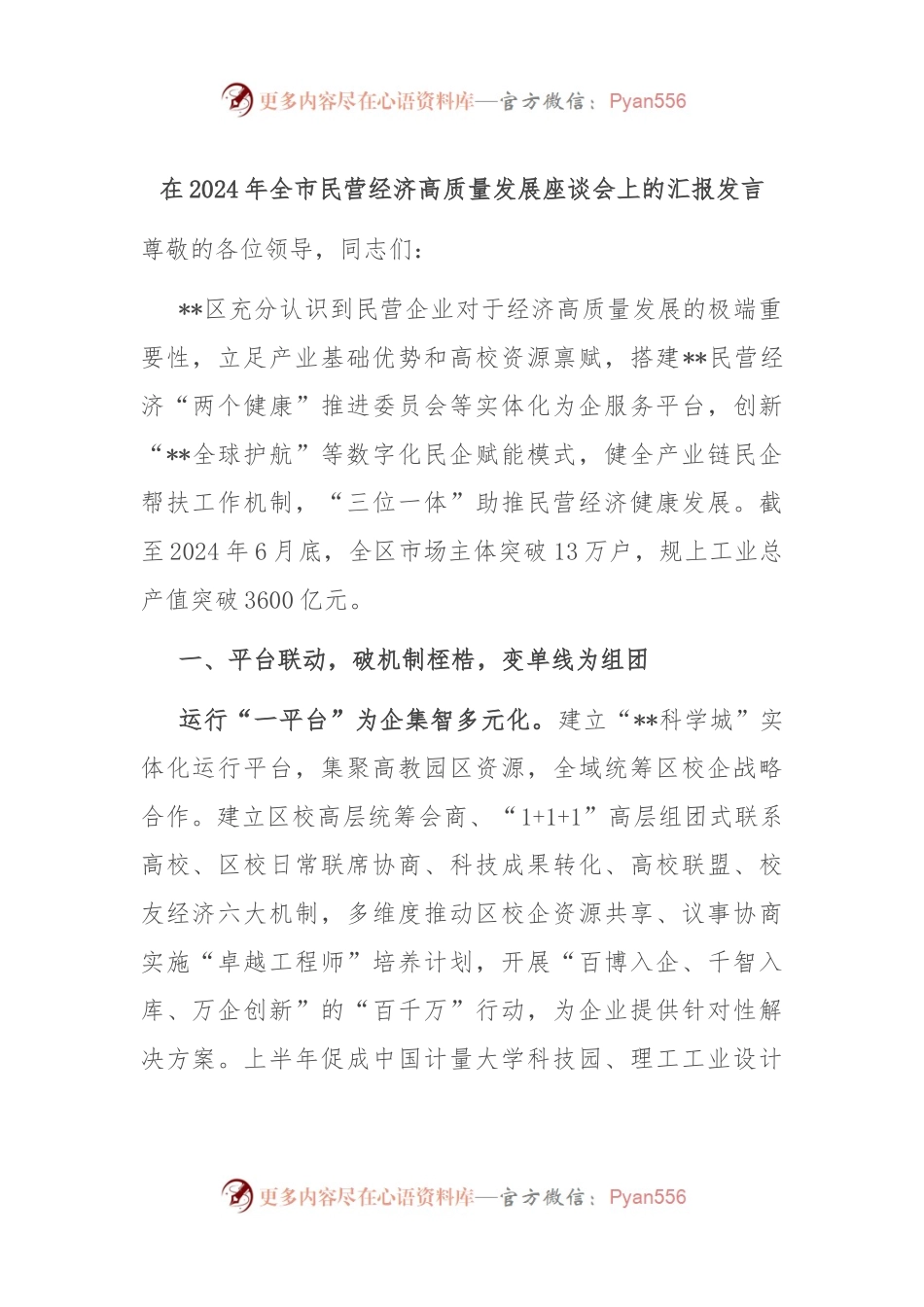 在2024年全市民营经济高质量发展座谈会上的汇报发言.docx_第1页