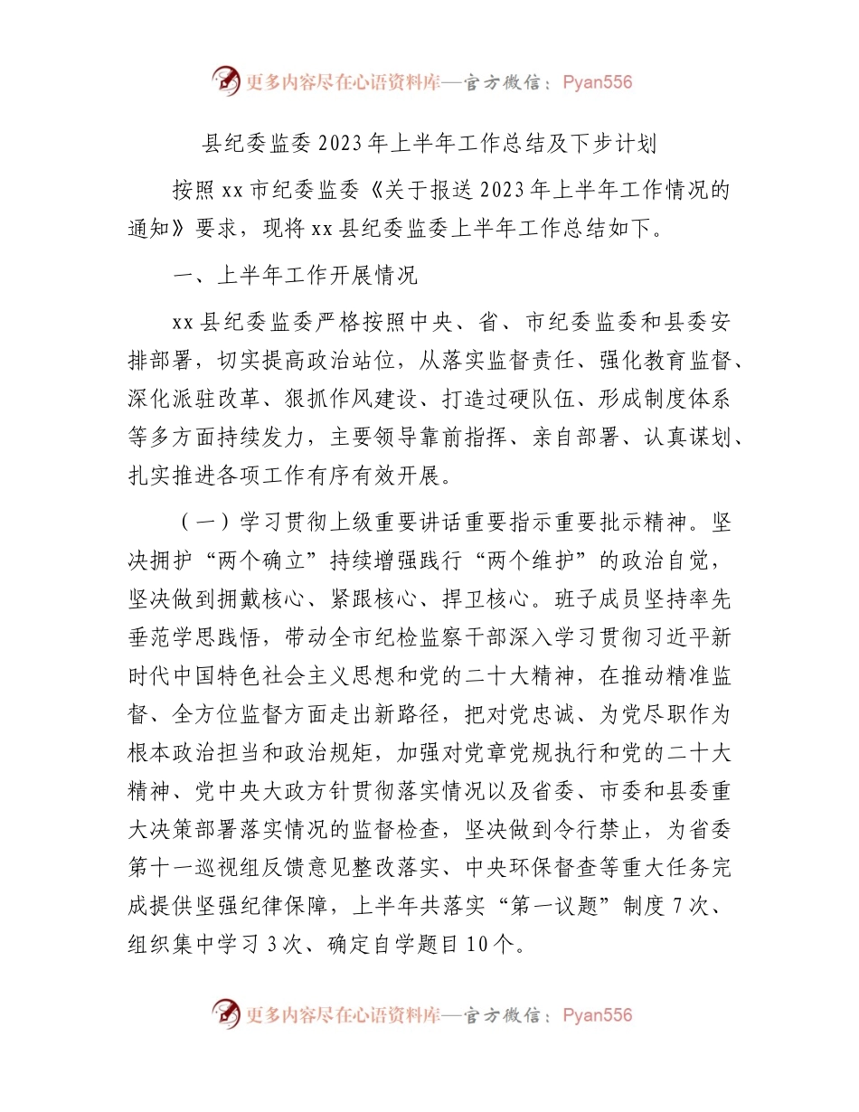 县纪委监委2023年上半年工作总结及下步计划4300字.docx_第1页