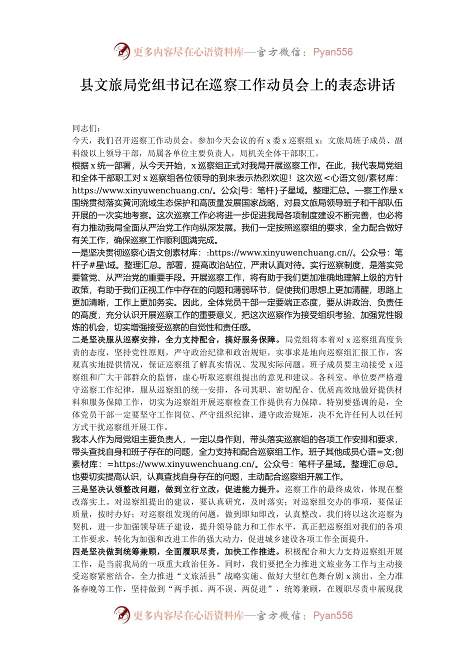 县文旅局党组书记在巡察工作动员会上的表态讲话.docx_第1页