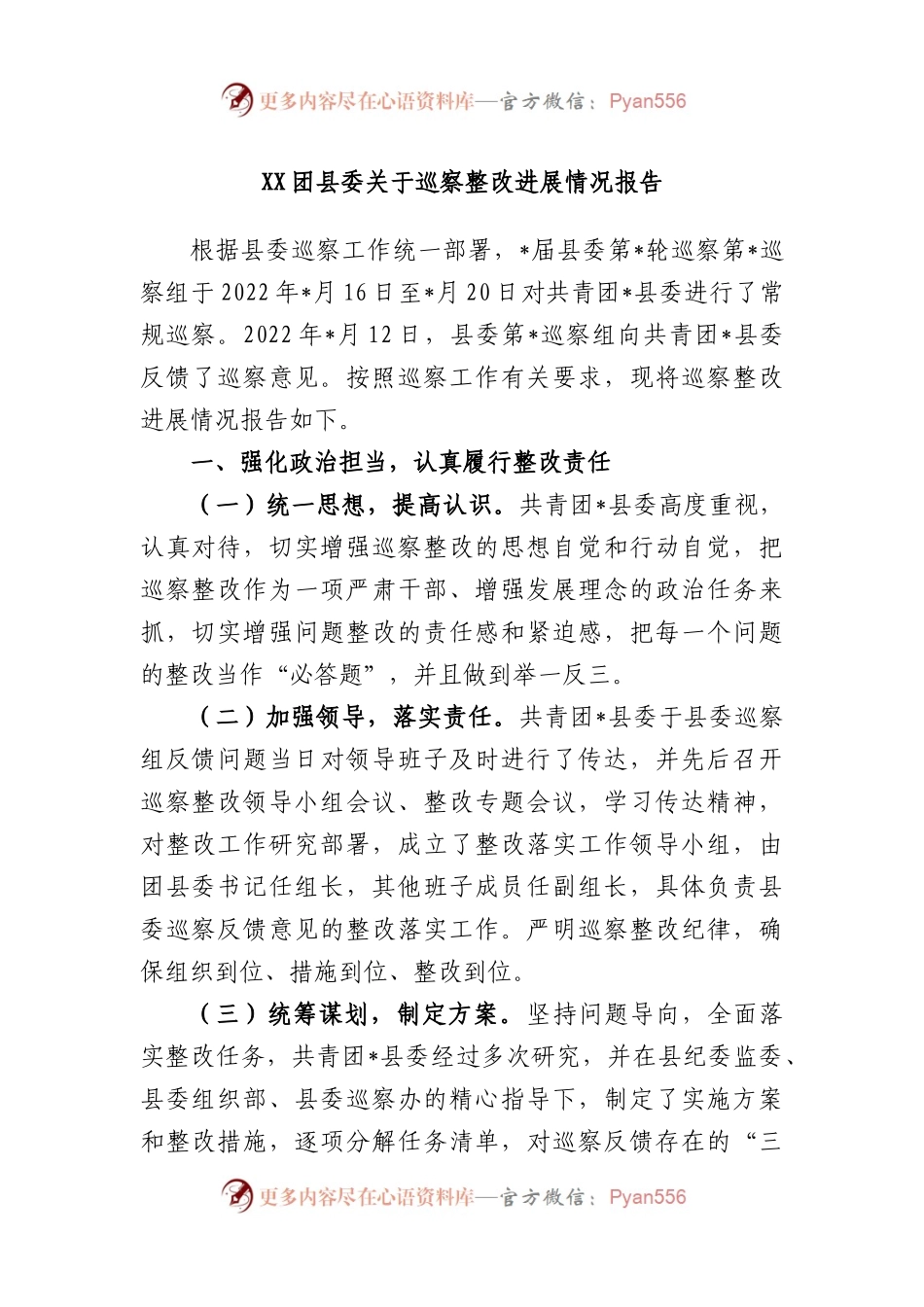 团县委巡察整改进展情况报告.docx_第1页