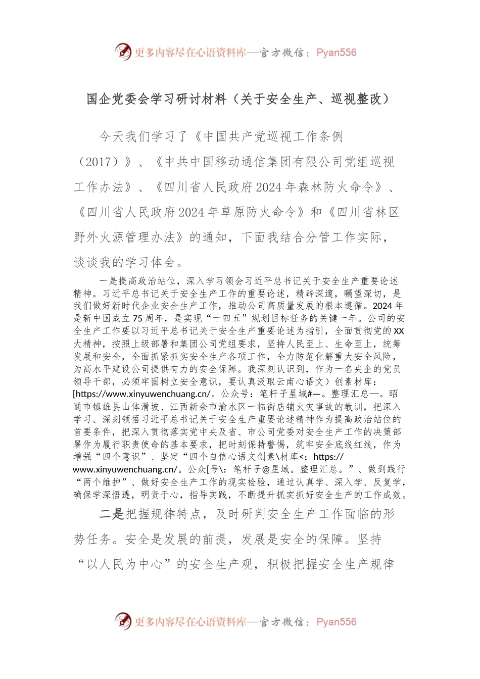 国企党委会学习研讨材料（关于安全生产、巡视整改）.docx_第1页