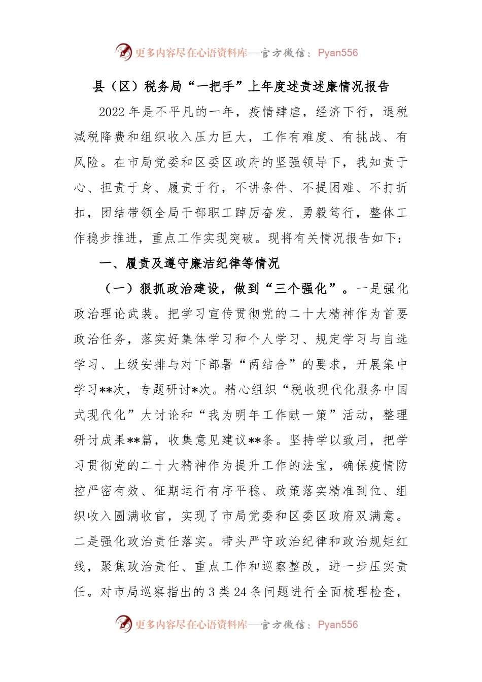 县（区）税务局“一把手”上年度述责述廉情况报告.docx_第1页
