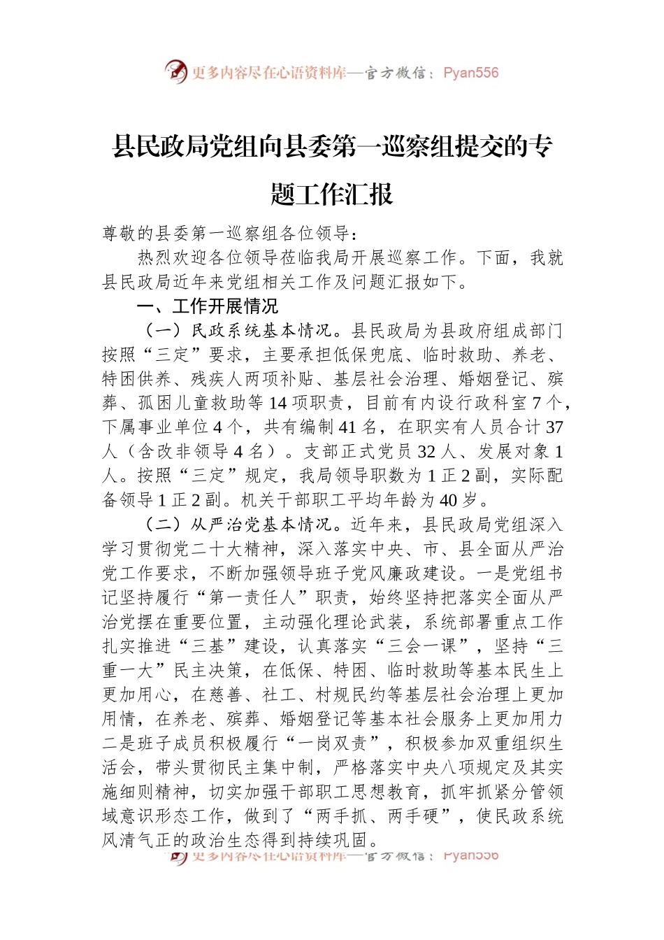 县民政局党组向县委第一巡察组提交的专题工作汇报.docx_第1页