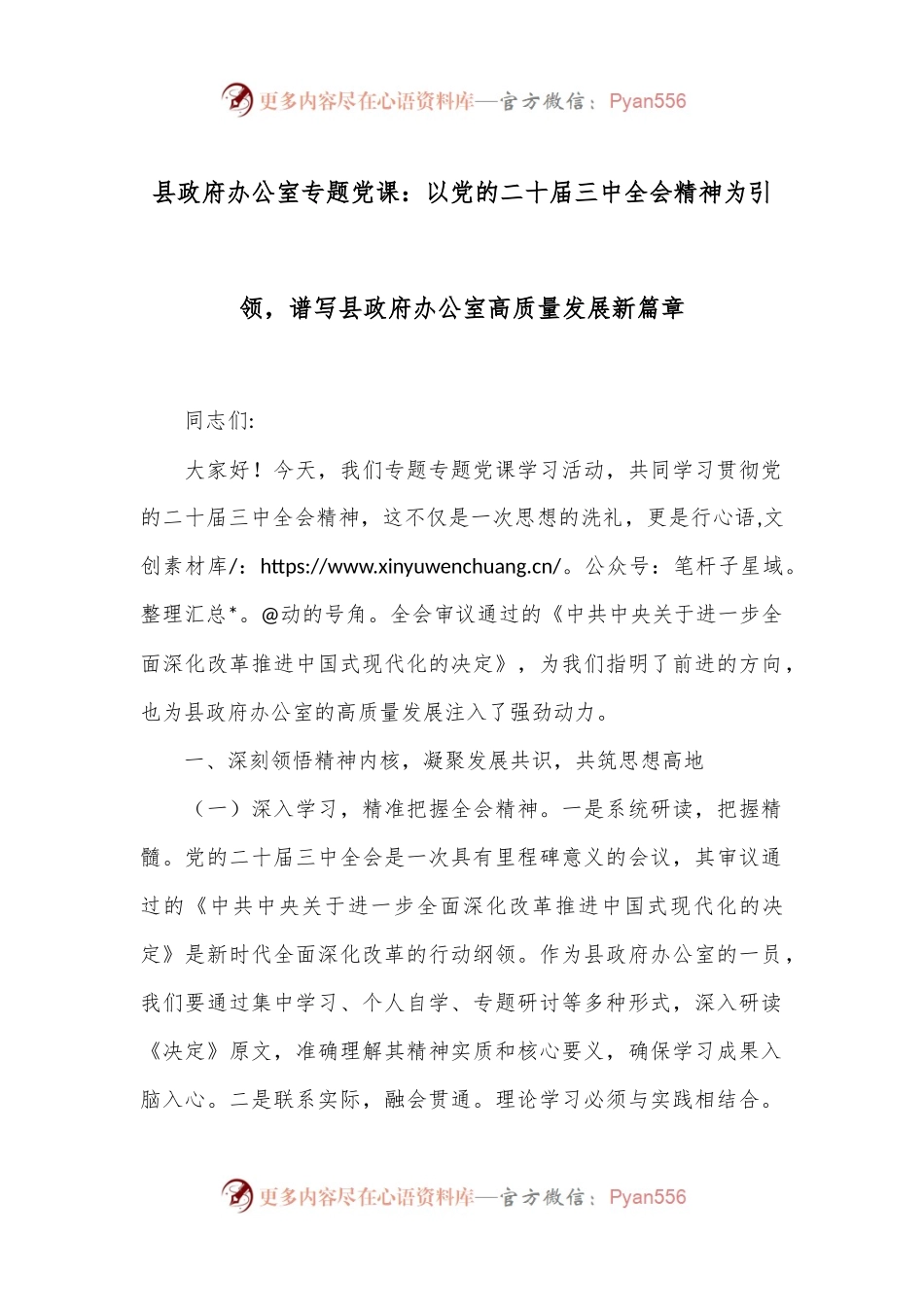 县政府办公室专题党课：以党的二十届三中全会精神为引领，谱写县政府办公室高质量发展新篇章.docx_第1页